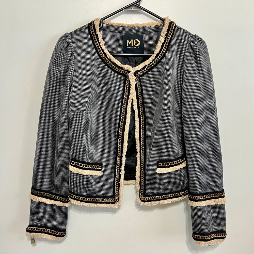 Morgan‎ De Toi Womens Tweed Blazer Size S Quiet Luxury Fringe Chain Parisian